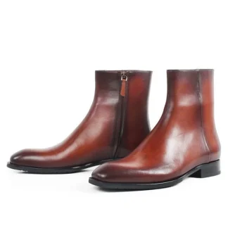 Handmade Brown Patina Square Toe Ankle Boots - Genuine Cow Leather Men's Military-Inspired Boots