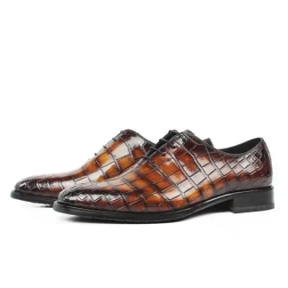 Genuine Crocodile Leather Plaid Oxford Dress Shoes – Brown Formal Wedding and Office Footwear for Men