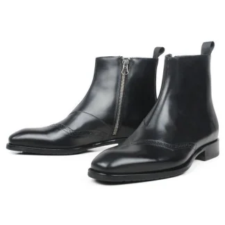 Handmade Patina Blake Brogue Calf Leather Ankle Boots - Luxury Square Toe Boots for Men