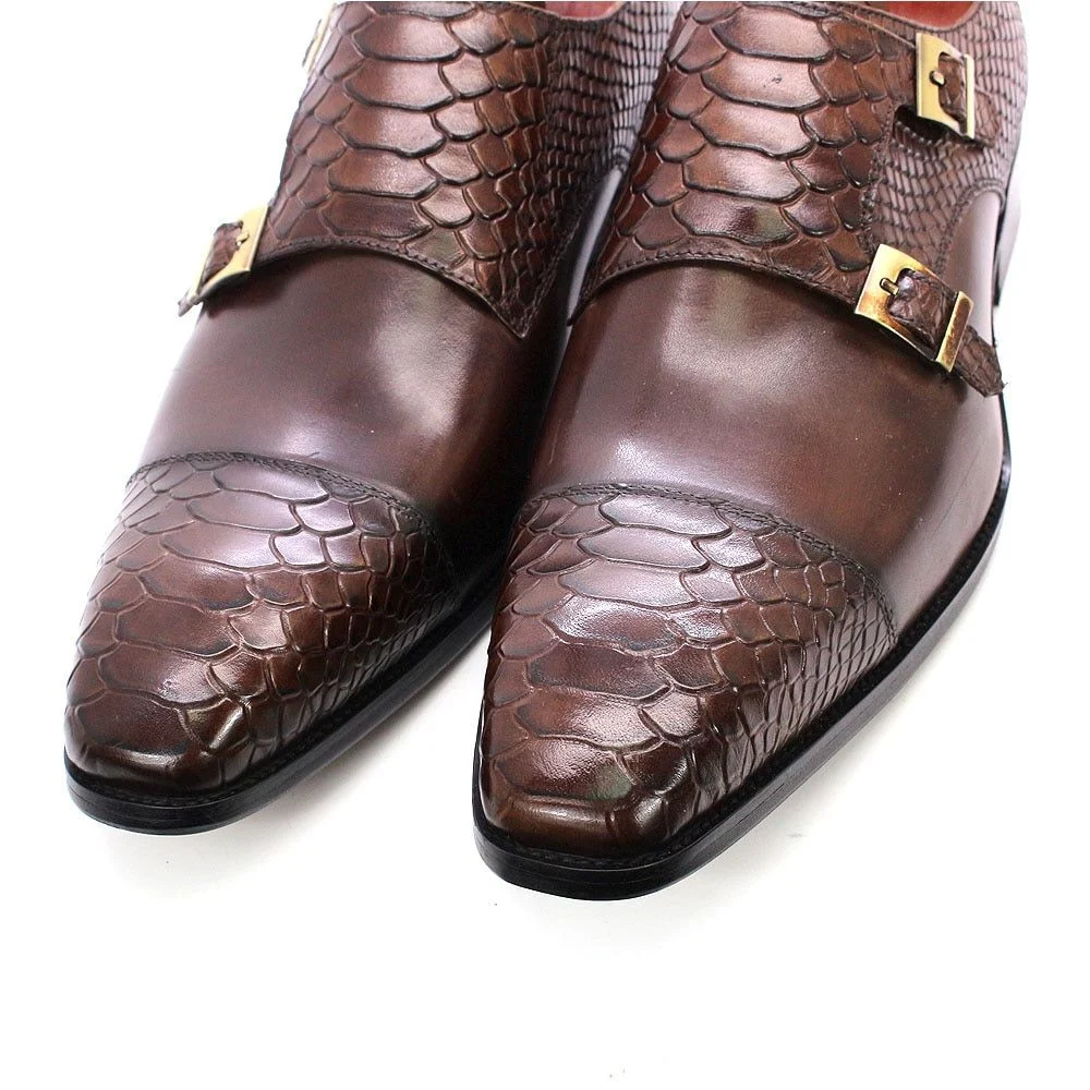 Men's Dress Shoes - Genuine Leather Double Buckle Monk Strap with Snake Print Cap Toe - Image 6