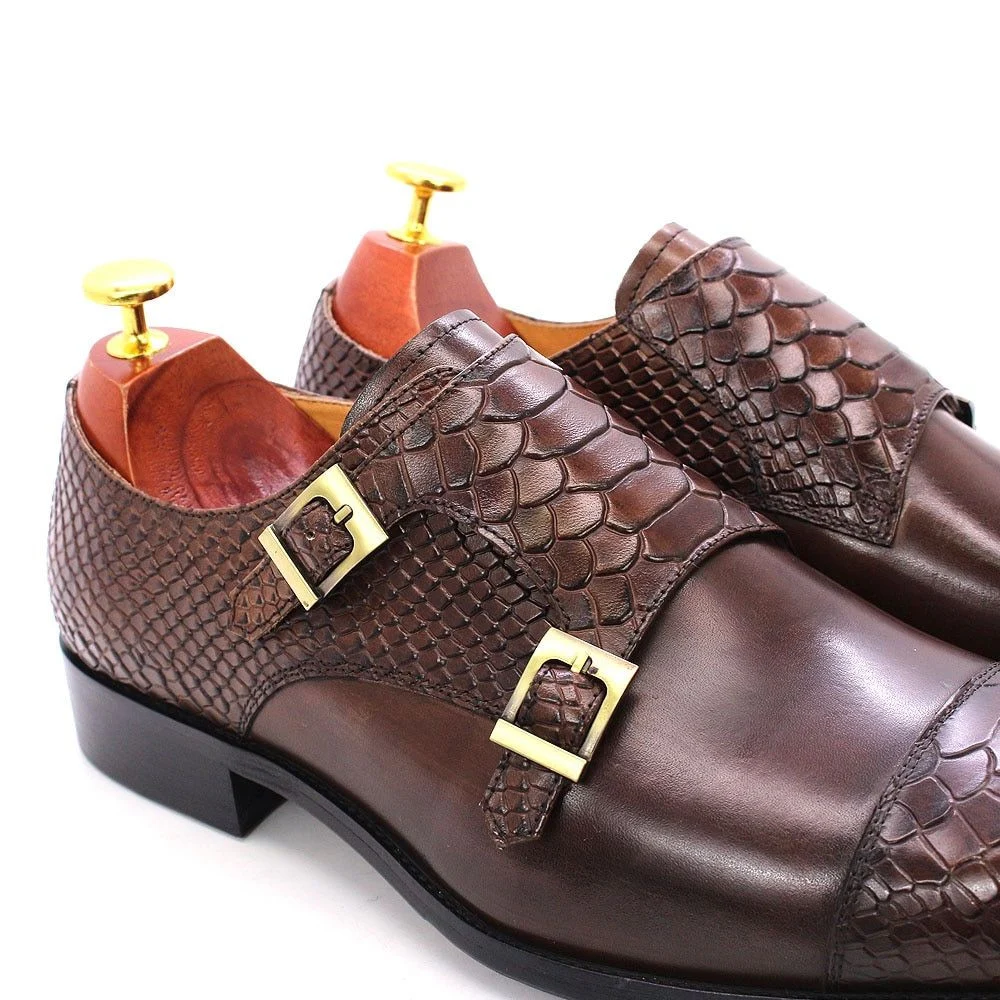 Men's Dress Shoes - Genuine Leather Double Buckle Monk Strap with Snake Print Cap Toe - Image 5