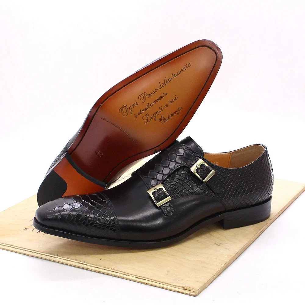 Men's Dress Shoes - Genuine Leather Double Buckle Monk Strap with Snake Print Cap Toe - Image 2