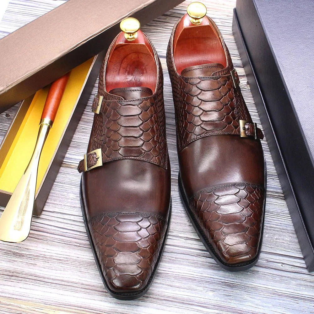 Men's Dress Shoes - Genuine Leather Double Buckle Monk Strap with Snake Print Cap Toe - Image 3
