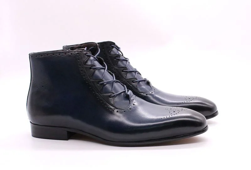 Men’s Genuine Leather Patina Boots - High Top Zip Lace-Up Dress Shoes - Image 9