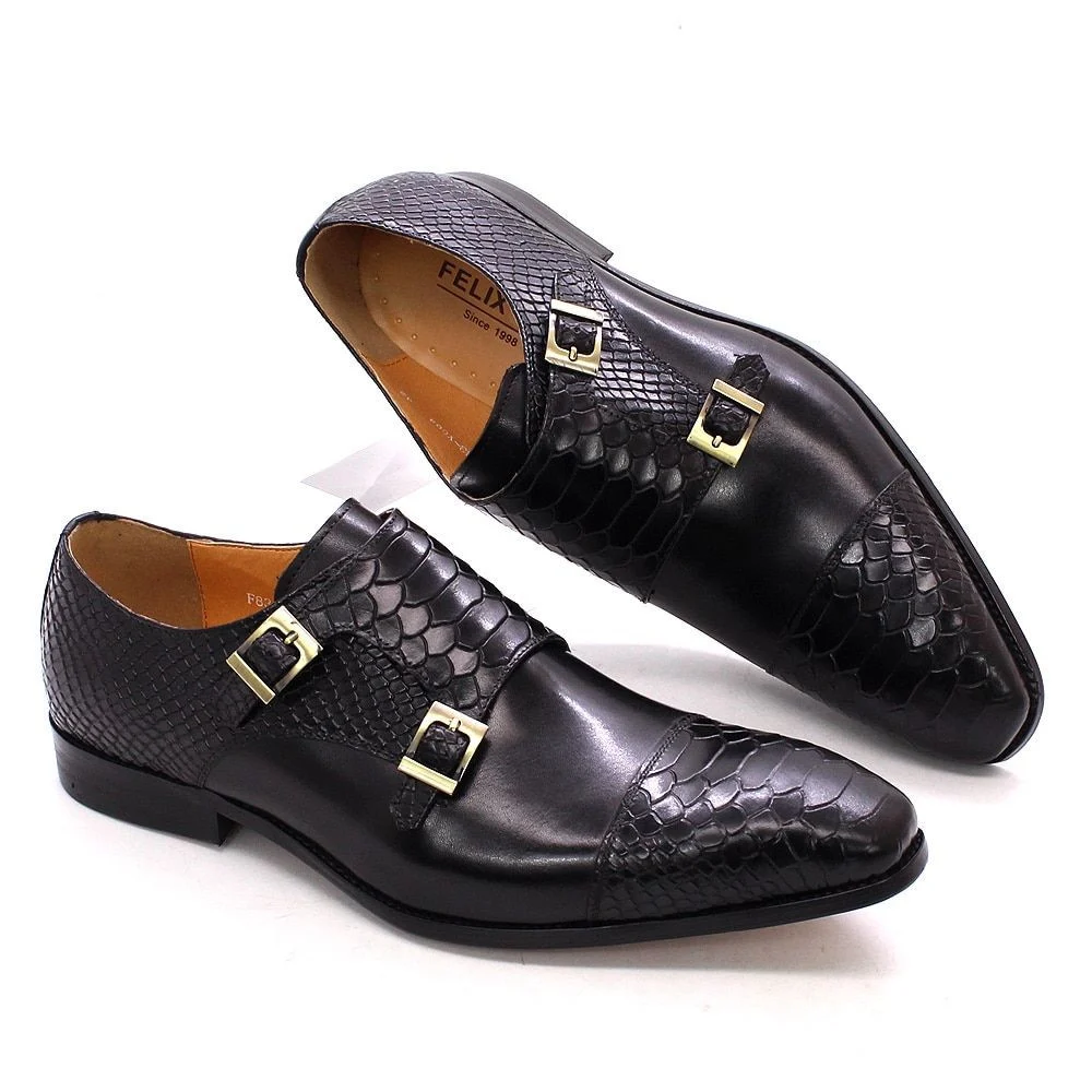 Men's Dress Shoes - Genuine Leather Double Buckle Monk Strap with Snake Print Cap Toe - Image 7
