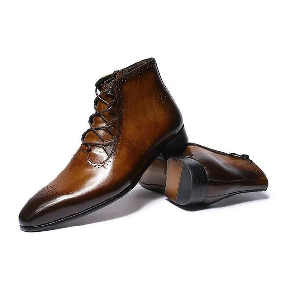 Men’s Genuine Leather Patina Boots - High Top Zip Lace-Up Dress Shoes - Image 4