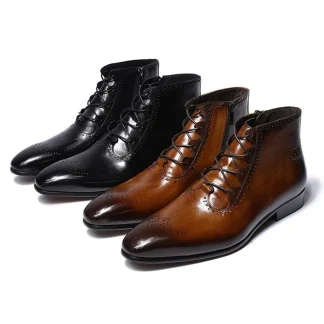Men’s Genuine Leather Patina Boots - High Top Zip Lace-Up Dress Shoes