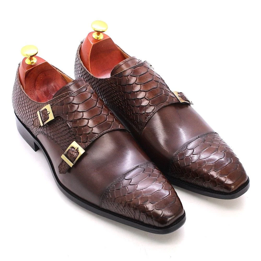 Men's Dress Shoes - Genuine Leather Double Buckle Monk Strap with Snake Print Cap Toe - Image 4