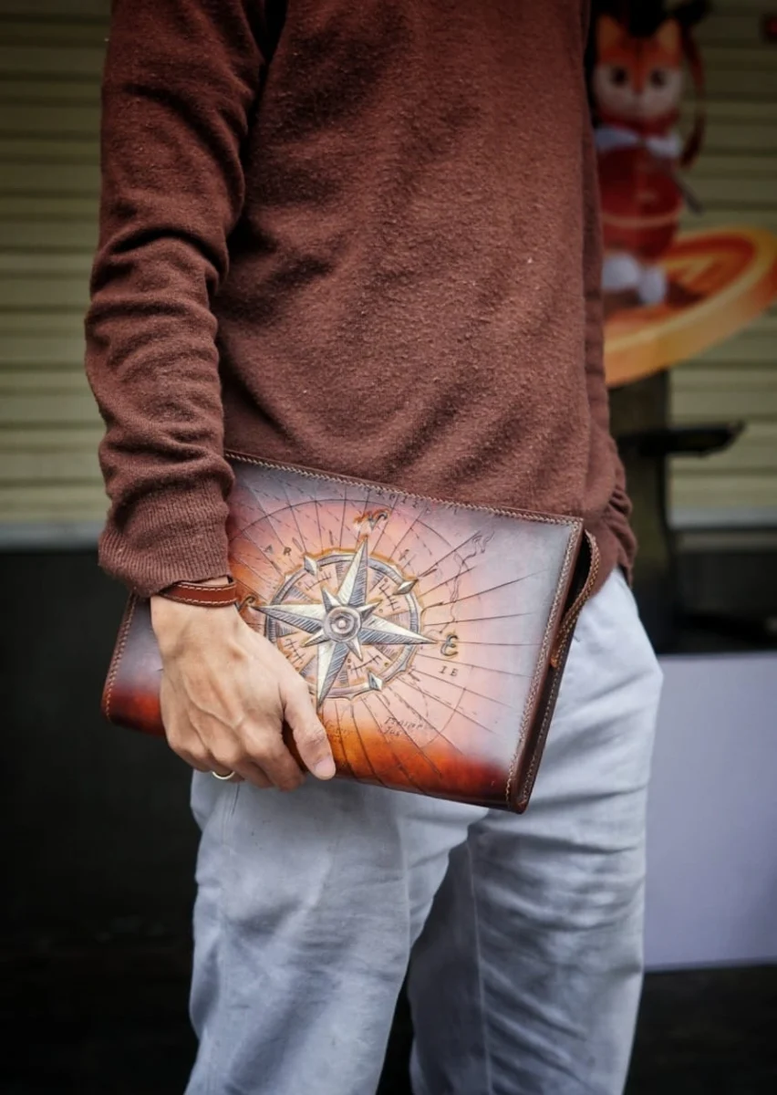 Artfully Hand-Carved Leather Handbag by Saigon-leather.com - Version Compass - Image 6