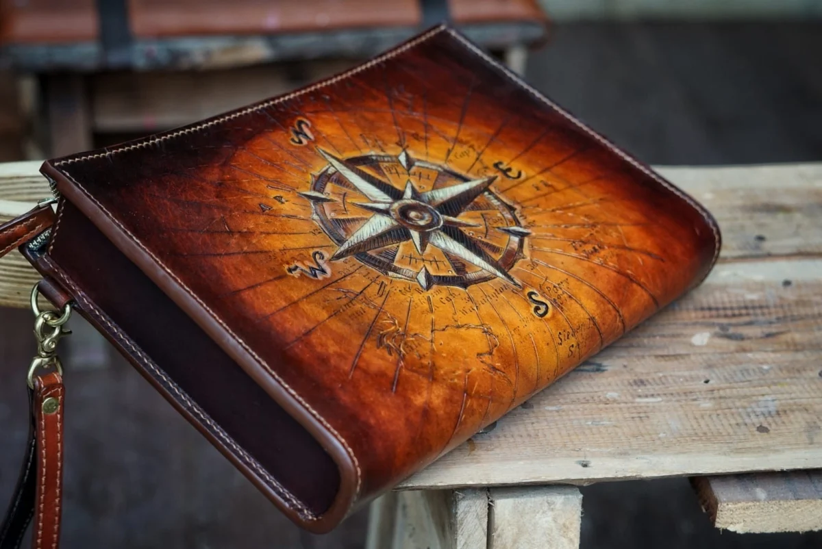 Artfully Hand-Carved Leather Handbag by Saigon-leather.com - Version Compass - Image 3