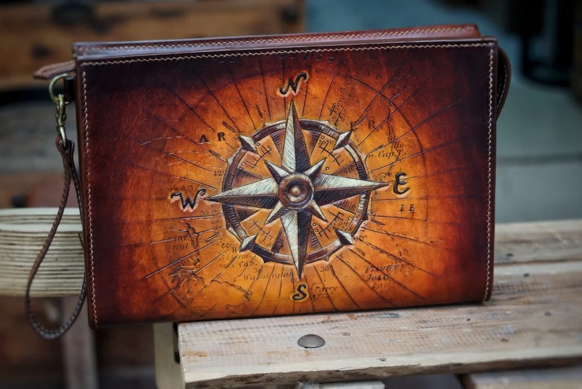 Artfully Hand-Carved Leather Handbag by Saigon-leather.com - Version Compass - Image 2