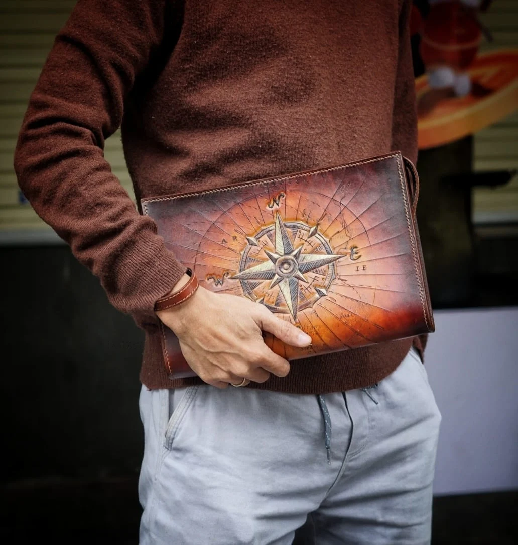 Artfully Hand-Carved Leather Handbag by Saigon-leather.com - Version Compass
