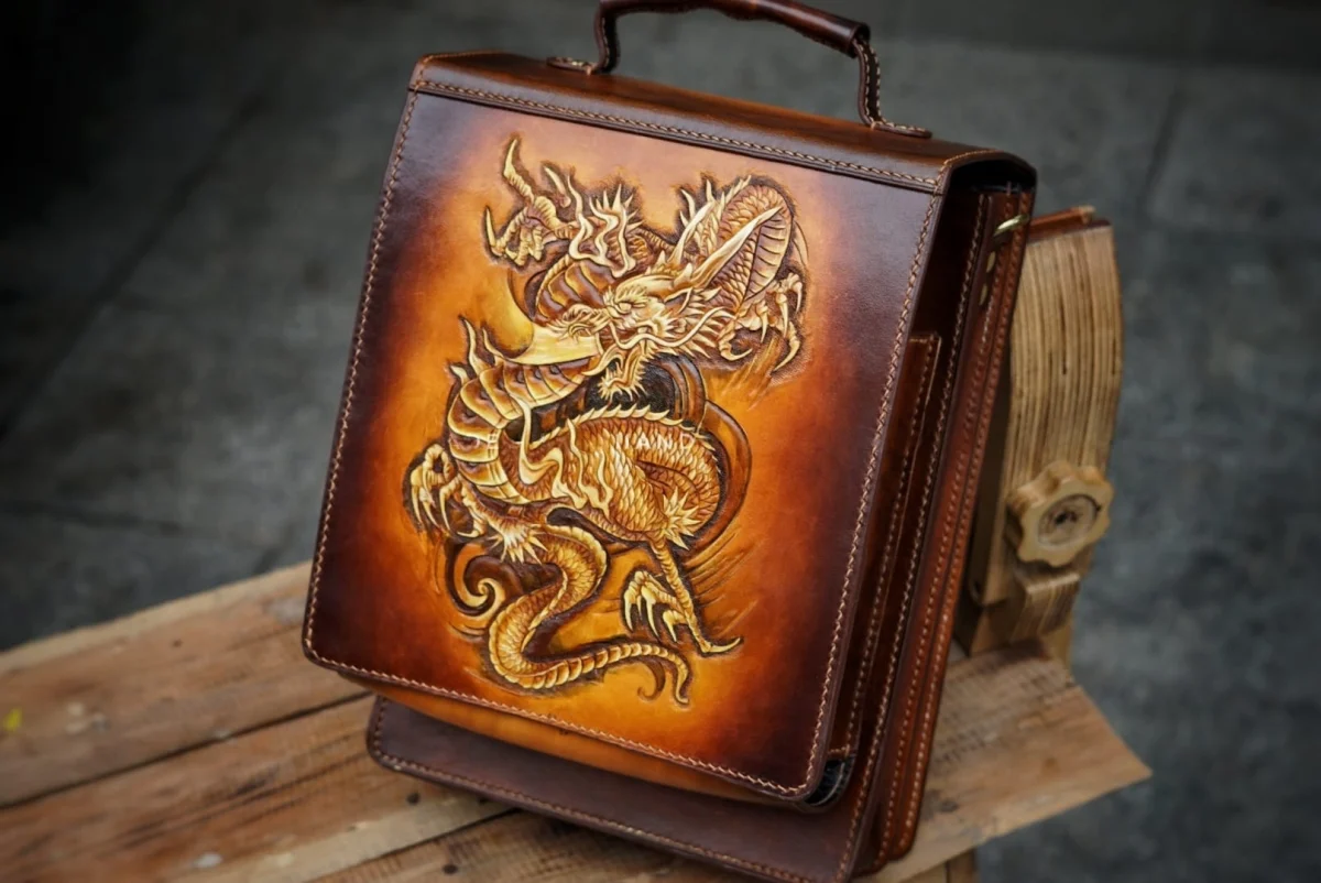 Saigon-Leather Handcrafted Dragon Embossed Leather Satchel - Image 2