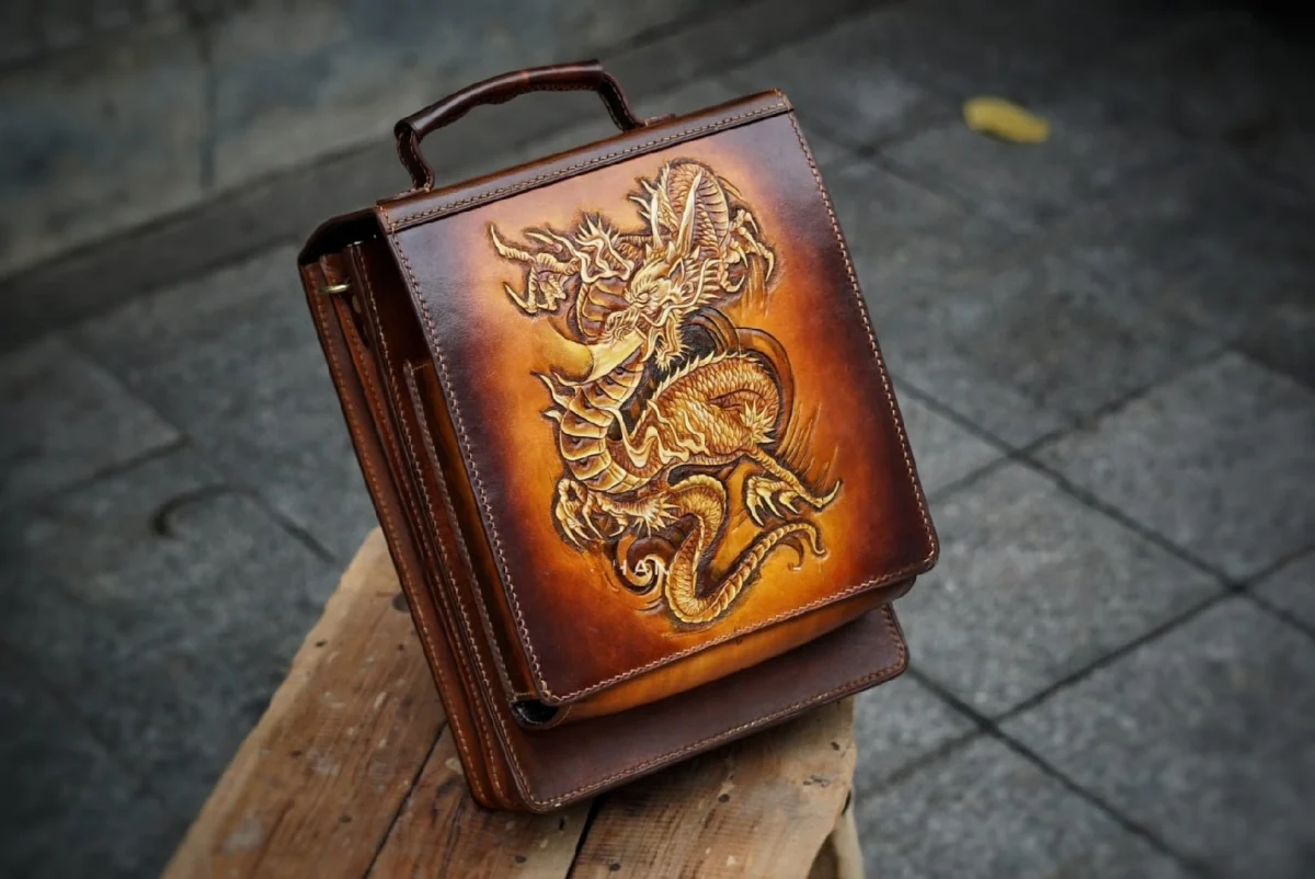 Saigon-Leather Handcrafted Dragon Embossed Leather Satchel - Image 3