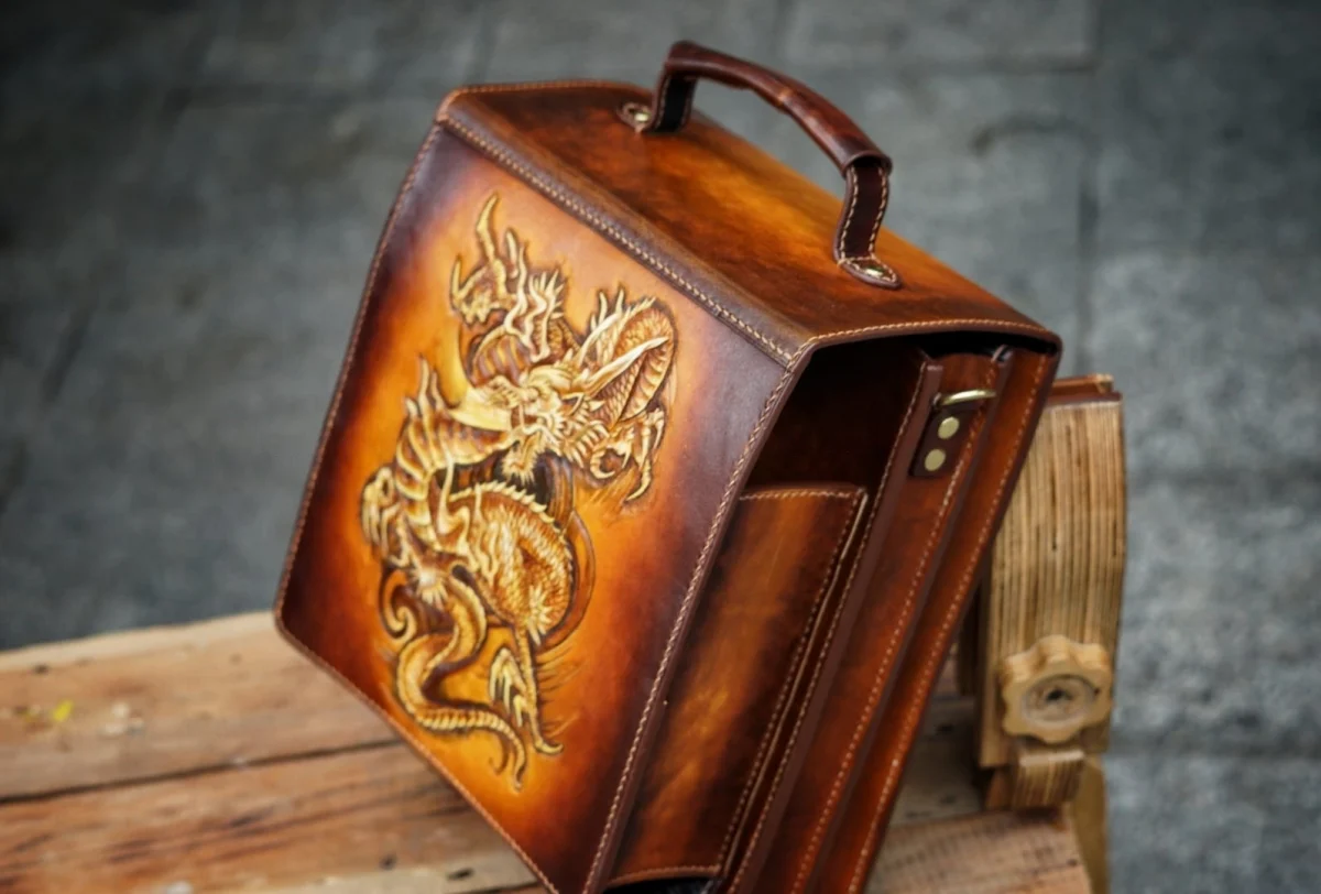 Saigon-Leather Handcrafted Dragon Embossed Leather Satchel - Image 4
