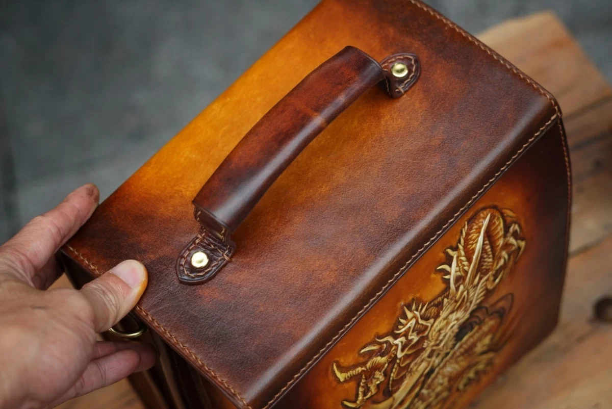 Saigon-Leather Handcrafted Dragon Embossed Leather Satchel - Image 5
