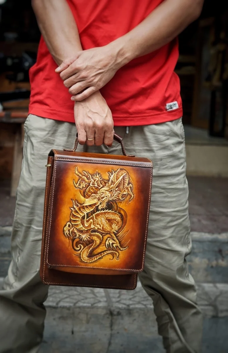 Saigon-Leather Handcrafted Dragon Embossed Leather Satchel - Image 7