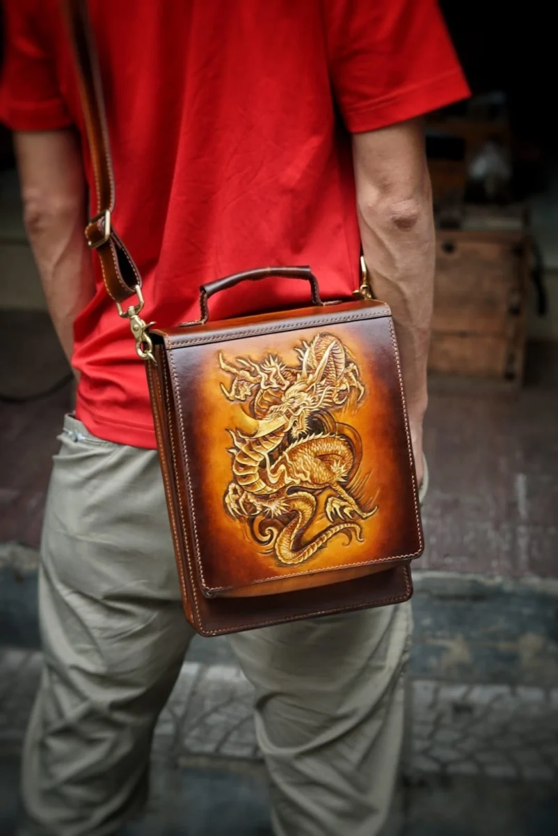 Saigon-Leather Handcrafted Dragon Embossed Leather Satchel - Image 8