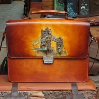 Saigon Leather’s Customizable Artfully Engraved Leather Briefcase - version Tower Bridge, London