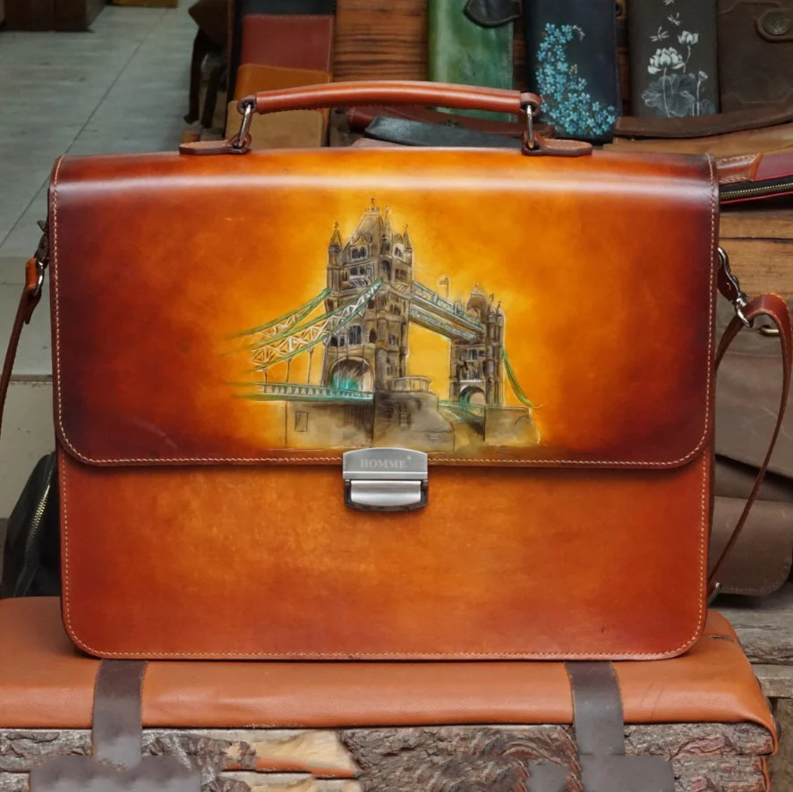 Saigon Leather’s Customizable Artfully Engraved Leather Briefcase - version Tower Bridge, London
