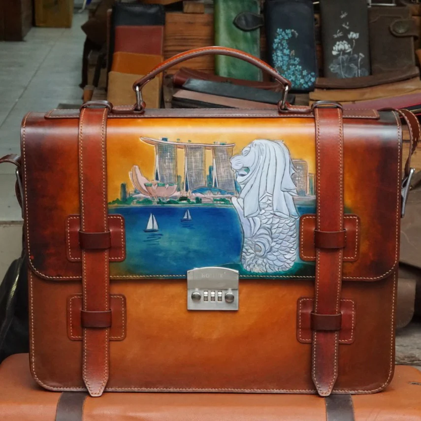Saigon Leather’s Customizable Artfully Engraved Leather Briefcase version Singapore