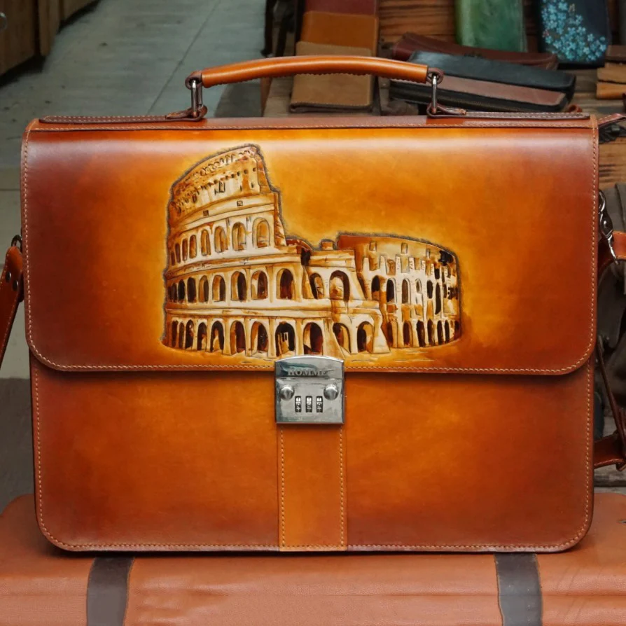 Saigon Leather’s Customizable Artfully Engraved Leather Briefcase - version Colosseum Rome