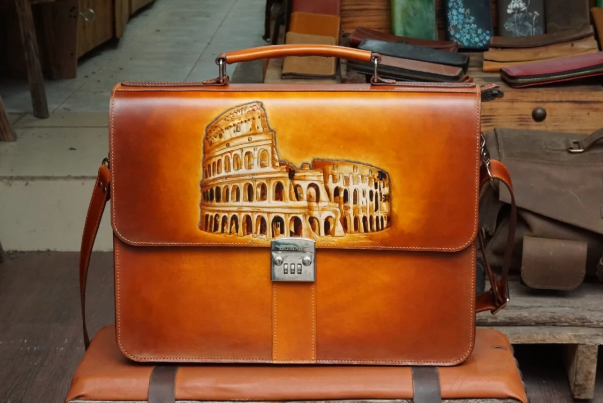 Saigon Leather’s Customizable Artfully Engraved Leather Briefcase - version Colosseum Rome - Image 2
