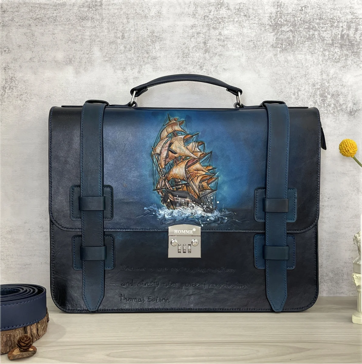 Saigon Leather’s Customizable Artfully Engraved Leather Briefcase - version Sailboat