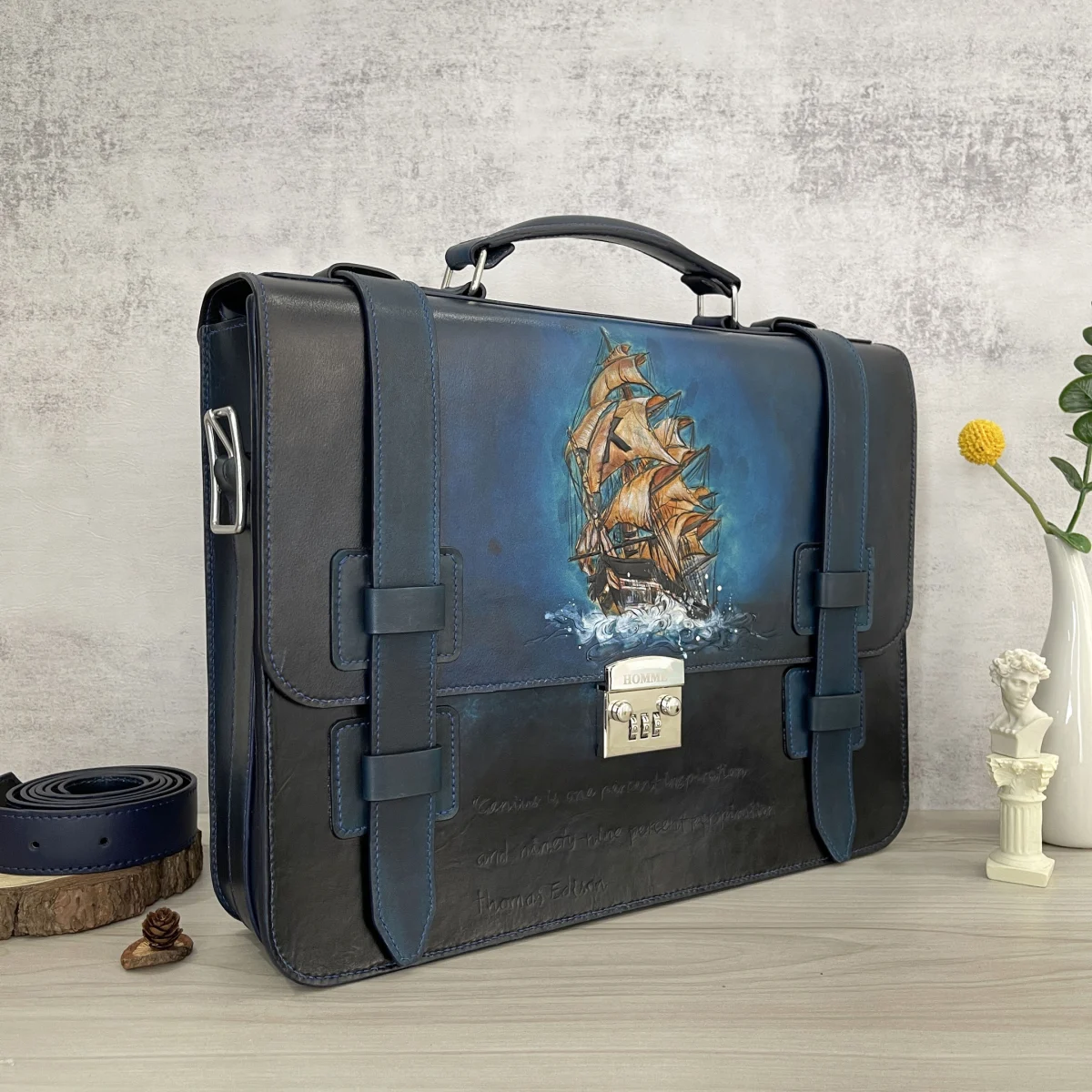 Saigon Leather’s Customizable Artfully Engraved Leather Briefcase - version Sailboat - Image 2