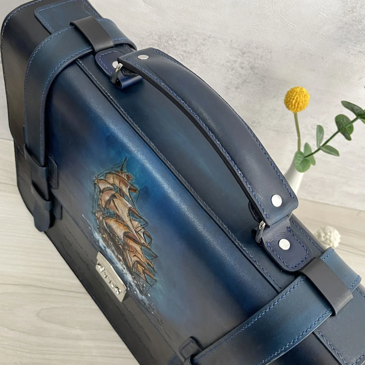 Saigon Leather’s Customizable Artfully Engraved Leather Briefcase - version Sailboat - Image 4