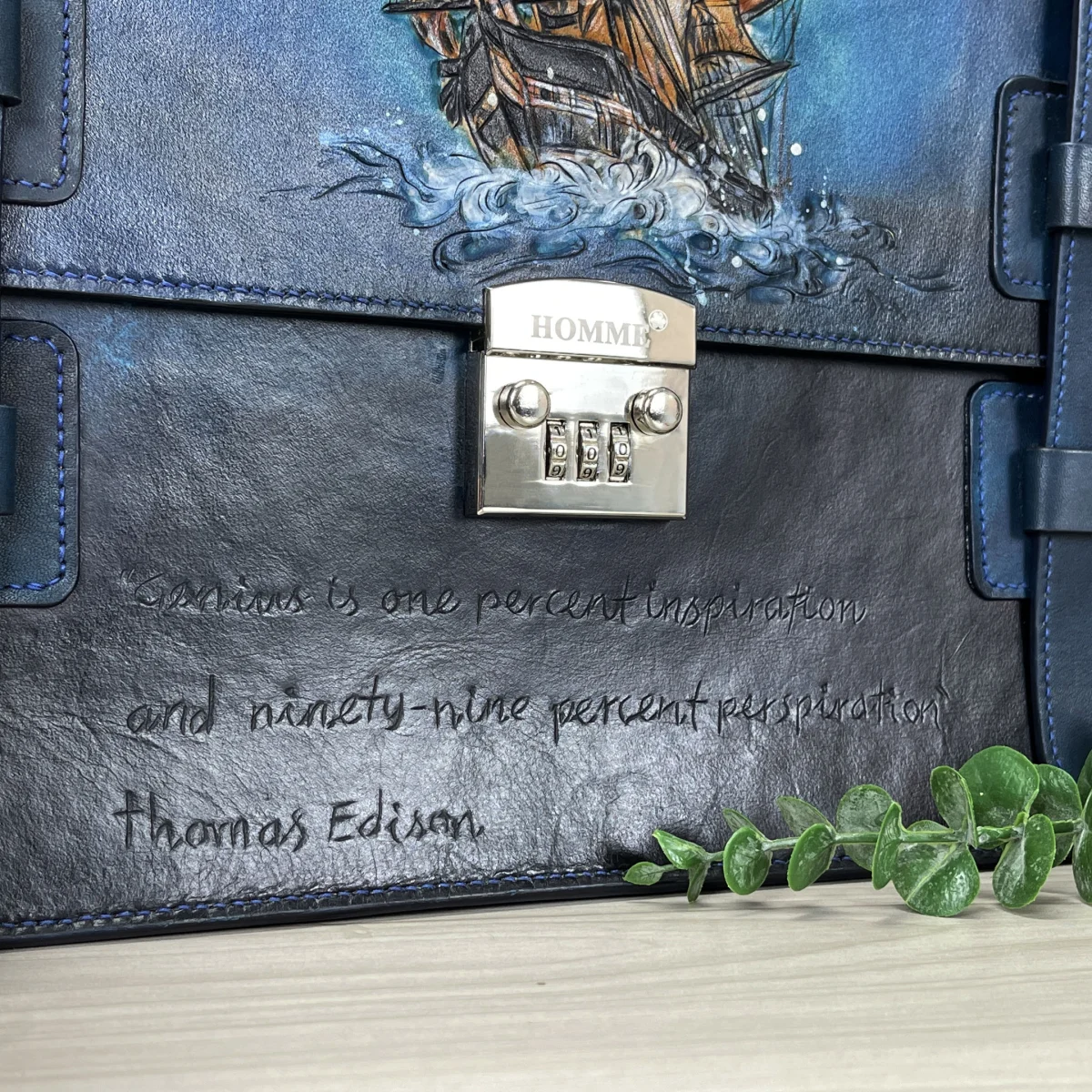 Saigon Leather’s Customizable Artfully Engraved Leather Briefcase - version Sailboat - Image 6