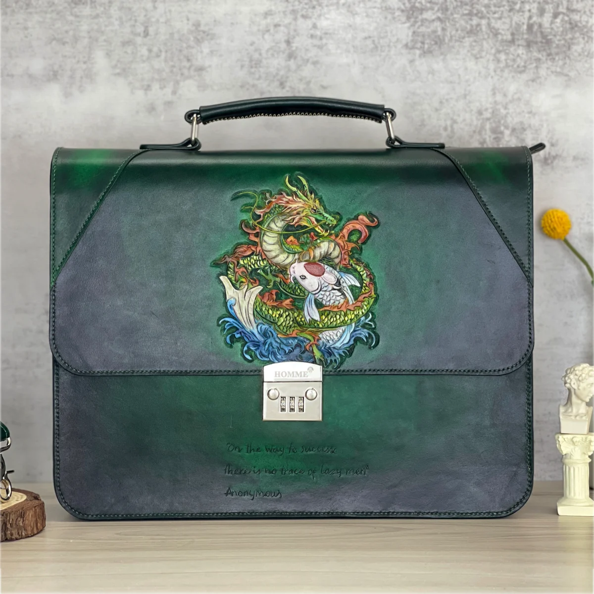 Saigon Leather’s Customizable Artfully Engraved Leather Briefcase - version Carp Jumping The Dragon Gate