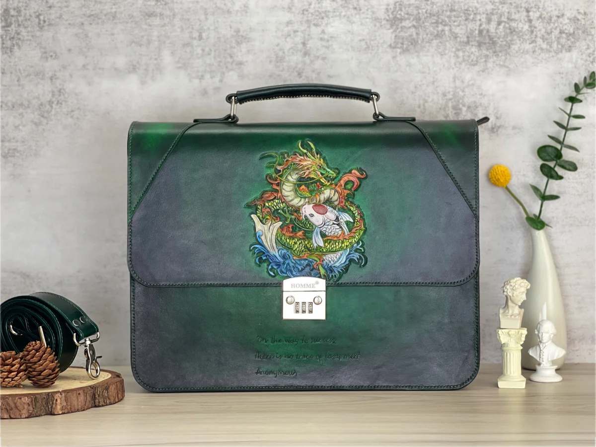 Saigon Leather’s Customizable Artfully Engraved Leather Briefcase - version Carp Jumping The Dragon Gate - Image 2