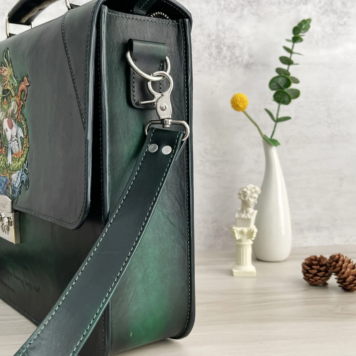 Saigon Leather’s Customizable Artfully Engraved Leather Briefcase - version Carp Jumping The Dragon Gate - Image 5