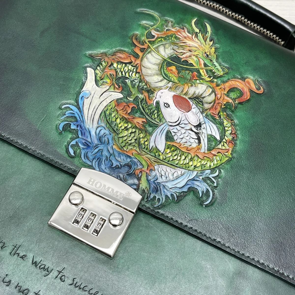 Saigon Leather’s Customizable Artfully Engraved Leather Briefcase - version Carp Jumping The Dragon Gate - Image 6