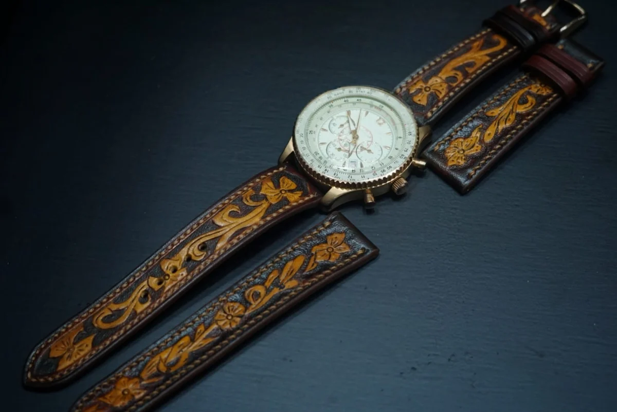 Artfully Engraved Leather Watch Strap - Made by Saigon-Leather.com