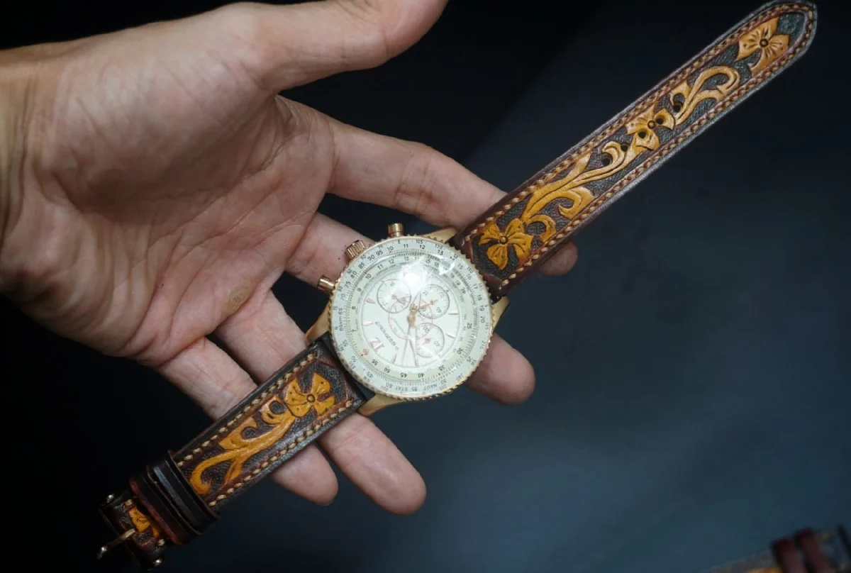 Artfully Engraved Leather Watch Strap - Made by Saigon-Leather.com - Image 2