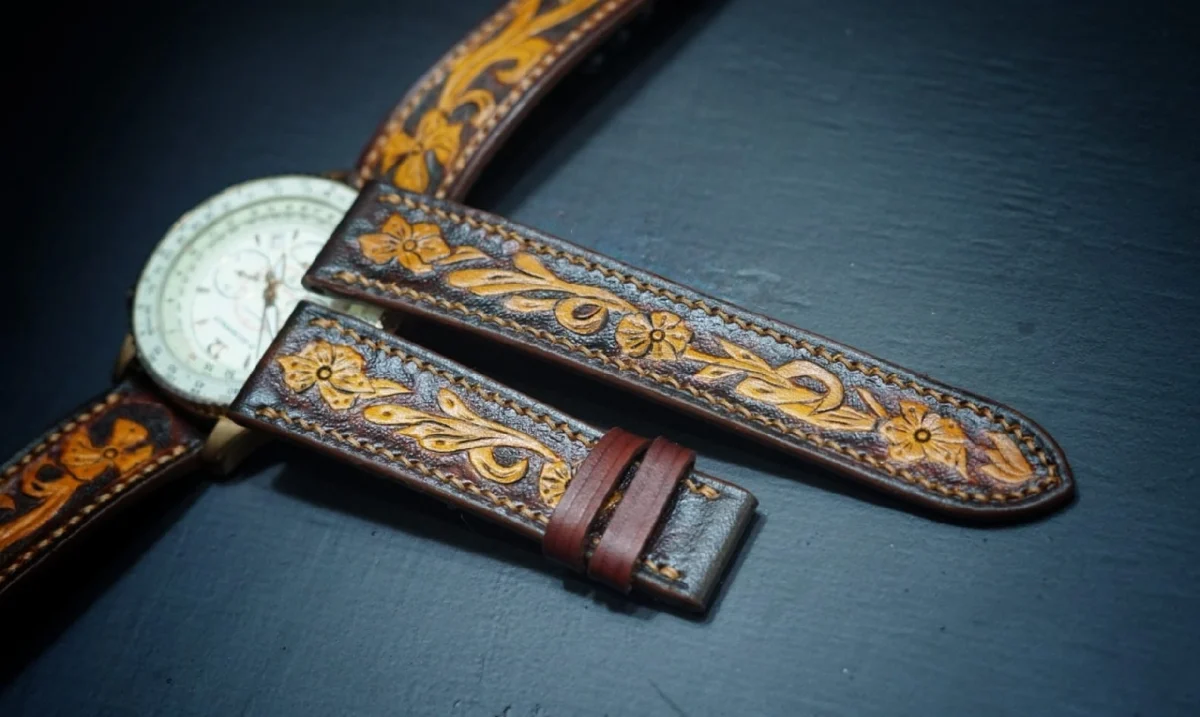 Artfully Engraved Leather Watch Strap - Made by Saigon-Leather.com - Image 3