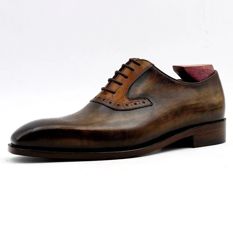 Handmade Oxford Patina Shoe For Men - Olive Matching Brown Carving Design Full Grain Calf Leather Breathable Outsole Handmade Bespoke Color CE03 - Image 2