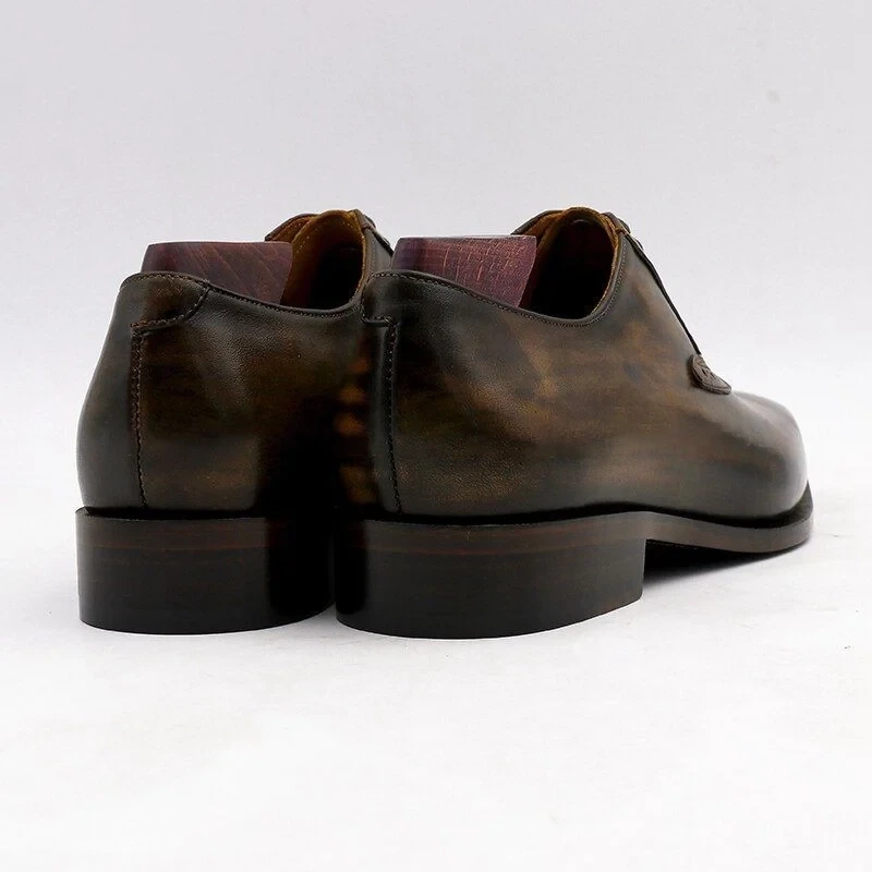 Handmade Oxford Patina Shoe For Men - Olive Matching Brown Carving Design Full Grain Calf Leather Breathable Outsole Handmade Bespoke Color CE03 - Image 4