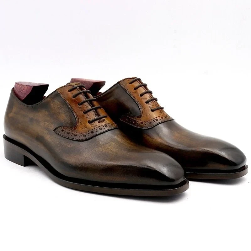 Handmade Oxford Patina Shoe For Men - Olive Matching Brown Carving Design Full Grain Calf Leather Breathable Outsole Handmade Bespoke Color CE03