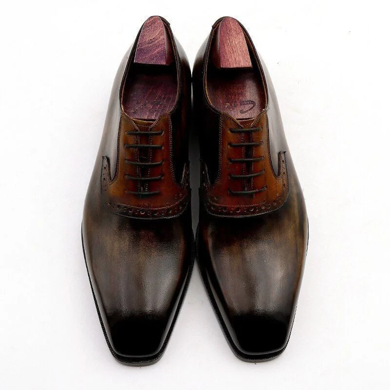 Handmade Oxford Patina Shoe For Men - Olive Matching Brown Carving Design Full Grain Calf Leather Breathable Outsole Handmade Bespoke Color CE03 - Image 5