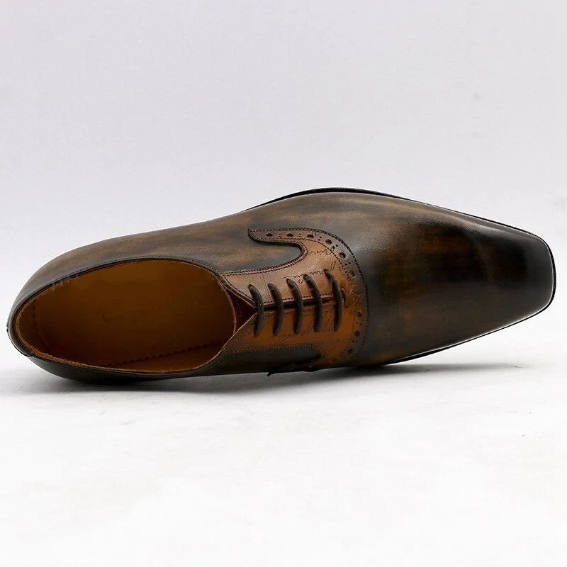 Handmade Oxford Patina Shoe For Men - Olive Matching Brown Carving Design Full Grain Calf Leather Breathable Outsole Handmade Bespoke Color CE03 - Image 3