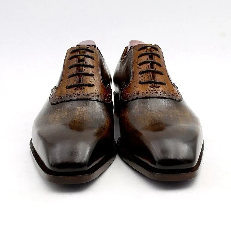 Handmade Oxford Patina Shoe For Men - Olive Matching Brown Carving Design Full Grain Calf Leather Breathable Outsole Handmade Bespoke Color CE03 - Image 6