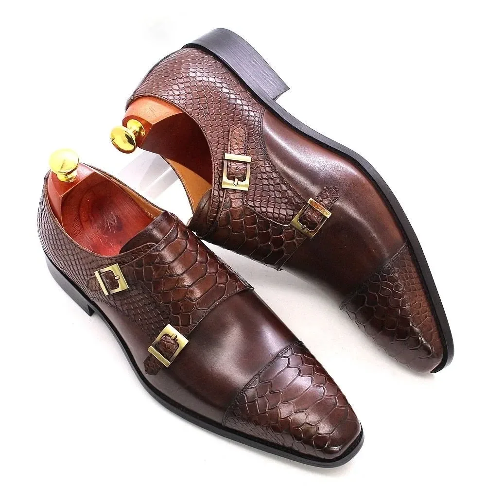 Men's Dress Shoes - Genuine Leather Double Buckle Monk Strap with Snake Print Cap Toe