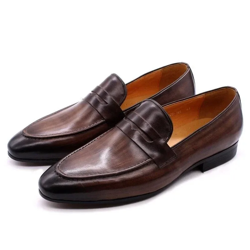 Men’s Hand-Painted Patina Leather Penny Loafers - Genuine Leather Brown Dress Shoes - Image 3