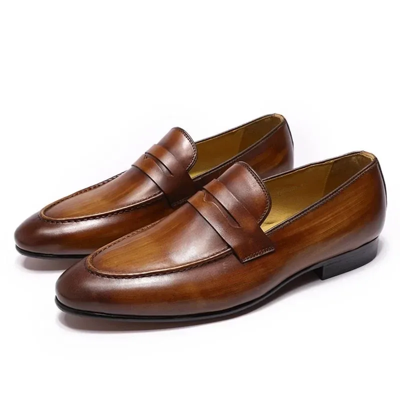 Men’s Hand-Painted Patina Leather Penny Loafers - Genuine Leather Brown Dress Shoes - Image 2