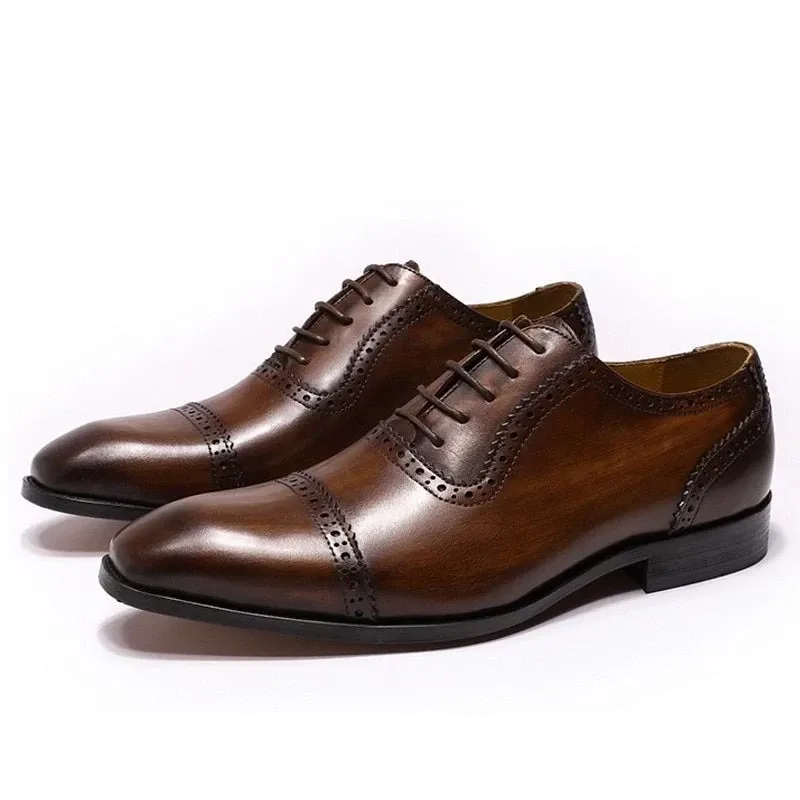 Genuine Leather Cap Toe Brogue Oxford Shoes - Brown Dress Shoes for Men - Image 2