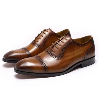 Genuine Leather Cap Toe Brogue Oxford Shoes - Brown Dress Shoes for Men