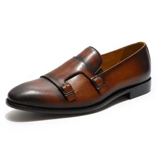 Handmade Hand-Painted Patina Double Monk Strap Loafers - Genuine Leather Slip-On Dress Shoes for Men